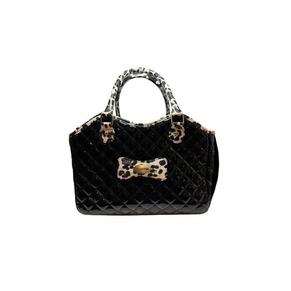 Zoostar Black Patent Dog Carrier Purse Animal Print Ventilated Small Pet Bag